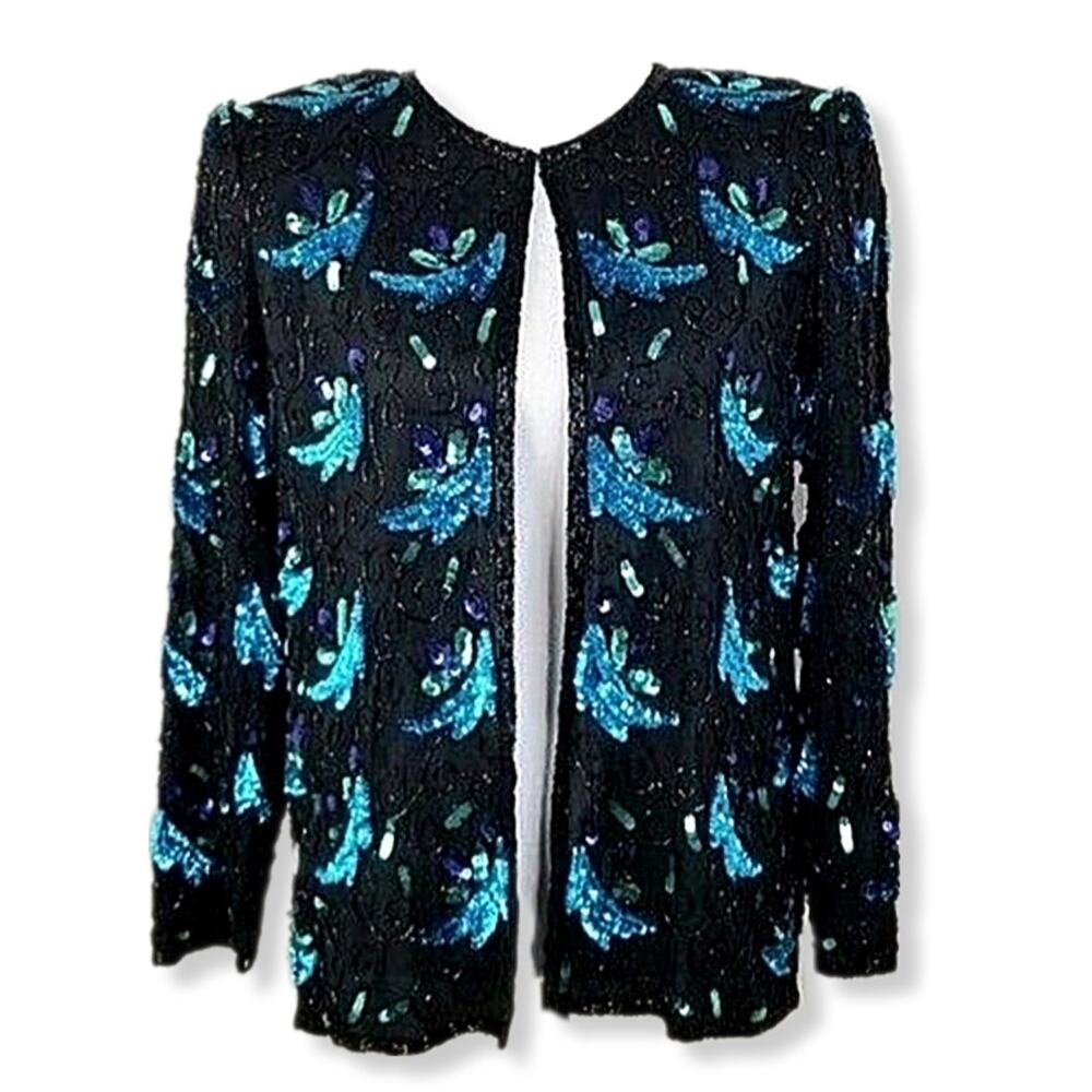 80s Women Black Bead Sequin Blazer Jacket M Cocktail Mob Wife Glam Party Disco